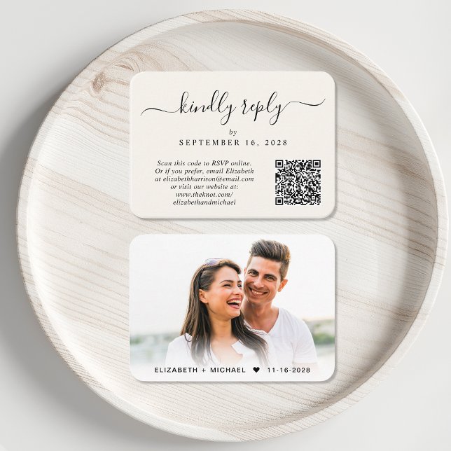 Tarjeta De Recepción Elegante foto Código QR Boda crema RSVP (Our user-friendly template will generate your QR code automatically from your website address)