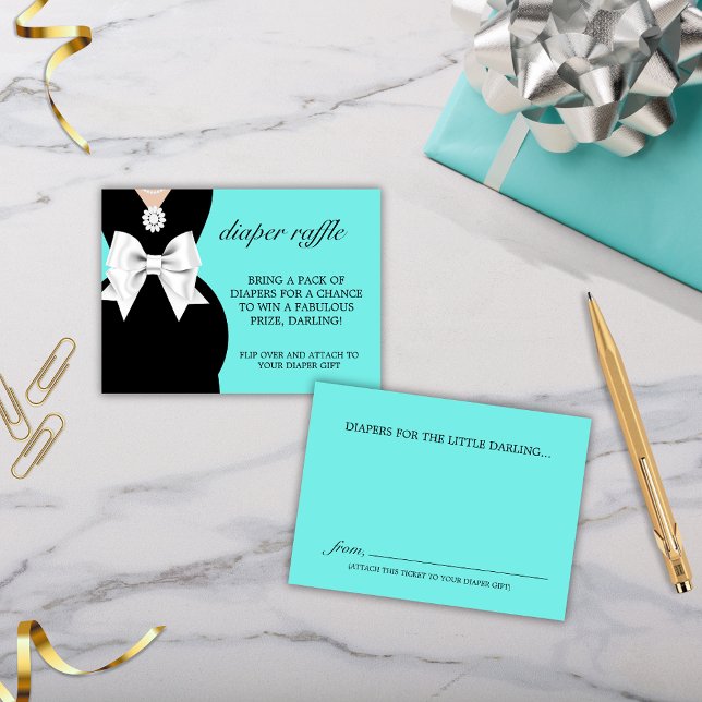 Tarjeta De Recepción Elegante Glam Tiffany Diaper Raffle Baby Shower (Elegant Teal Blue Aqua Little Black Dress Tiffany Theme Baby Shower Diaper Raffle Cards Tickets)