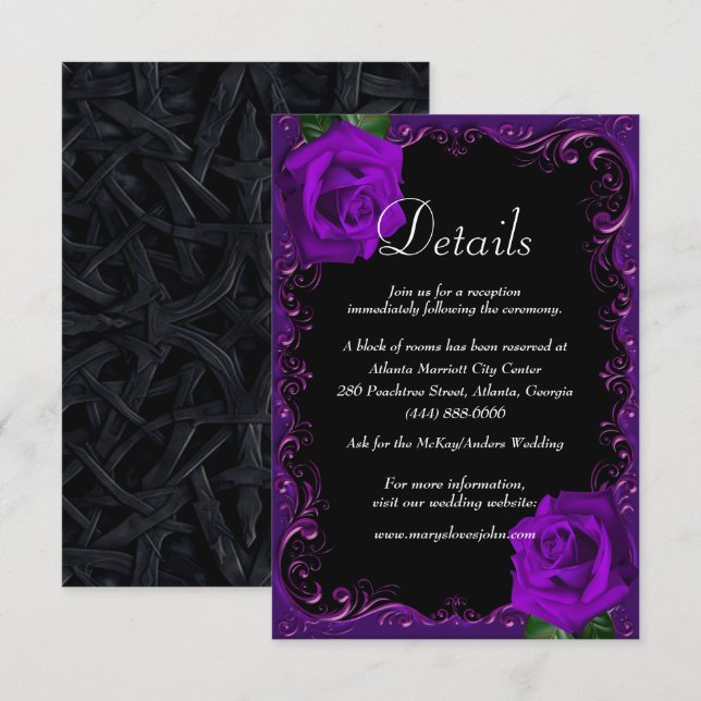 Tarjeta De Recepción Elegante Gótico Rosas púrpura detalles Boda (Anverso / Reverso)