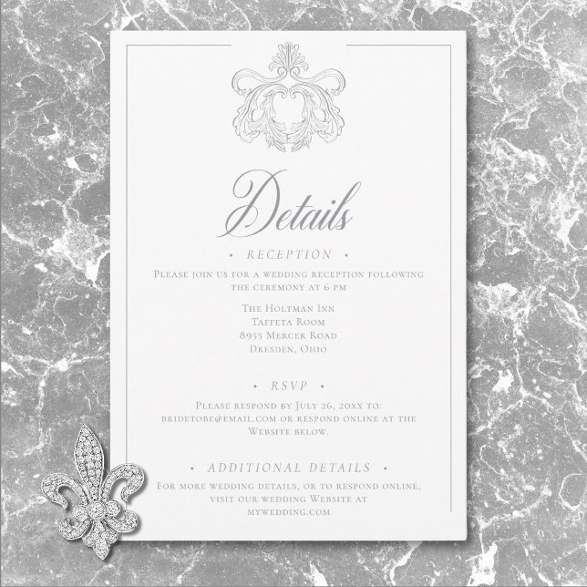 Tarjeta De Recepción Elegante Gray Chinoiserie Boda Escudo de pájaros (Elegant Gray Chinoiserie Bird Crest Wedding Detail Enclosure Card)