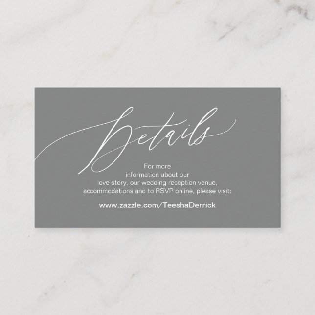 Tarjeta De Recepción Elegante gris oscuro, detalles Bodas, RSVP en líne (Anverso)