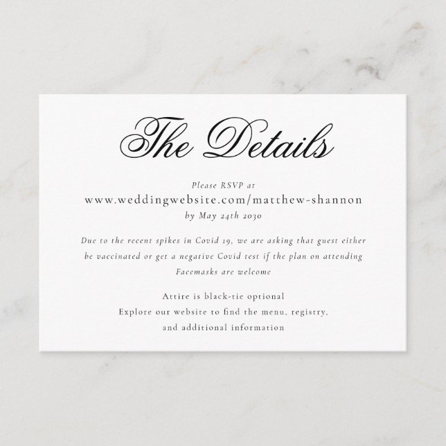 Tarjeta De Recepción Elegante guión Boda blanco negro detalles (Anverso)