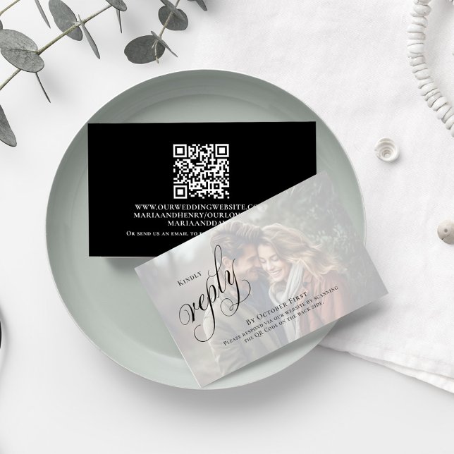 Tarjeta De Recepción Elegante guión Boda blanco y negro (Printed with vibrant colors on quality card stock. )