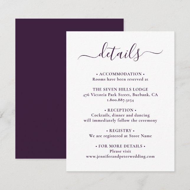 Tarjeta De Recepción Elegante guión Boda púrpura detalles (Anverso / Reverso)