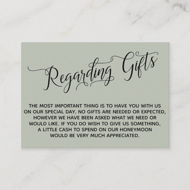 Tarjeta De Recepción Elegante Guión Con Respecto A Los Regalos De Boda  (Anverso)