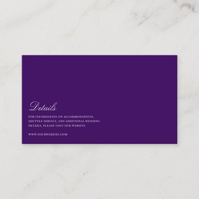Tarjeta De Recepción Elegante guión de detalles de Boda blanco y morado (Anverso)