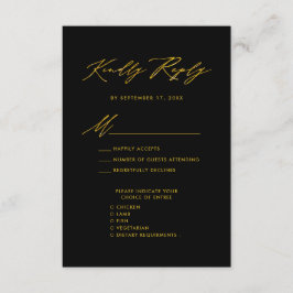 Tarjeta De Recepción Elegante Guión de Oro Moderno Boda Negra RSVP