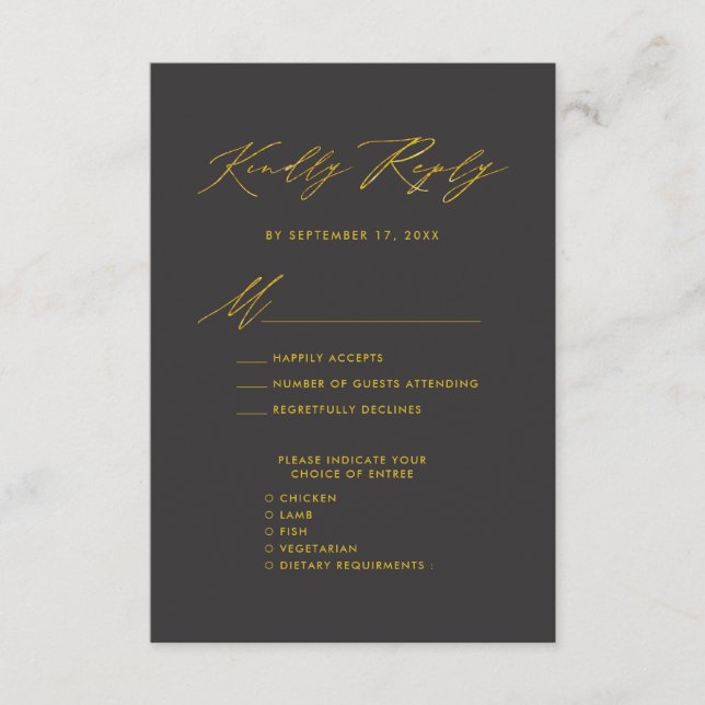 Tarjeta De Recepción Elegante Guión de Oro Moderno Wededing Gris RSVP (Anverso)