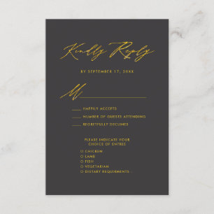 Tarjeta De Recepción Elegante Guión de Oro Moderno Wededing Gris RSVP