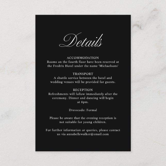 Tarjeta De Recepción Elegante guión detalles formales del Boda negro (Anverso)