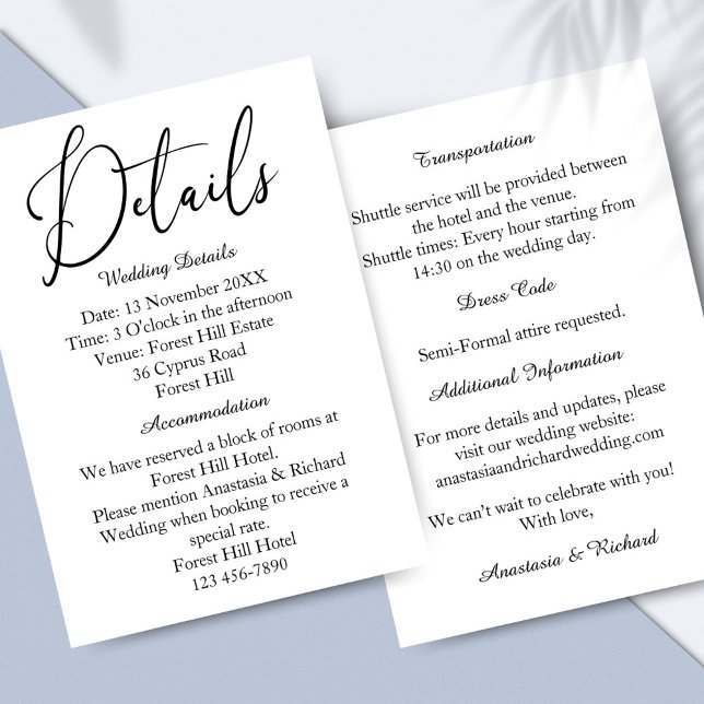 Tarjeta De Recepción Elegante guión detalles modernos de Boda Minimalis (Elegant Script Modern Minimalist Wedding Details Enclosure Card)
