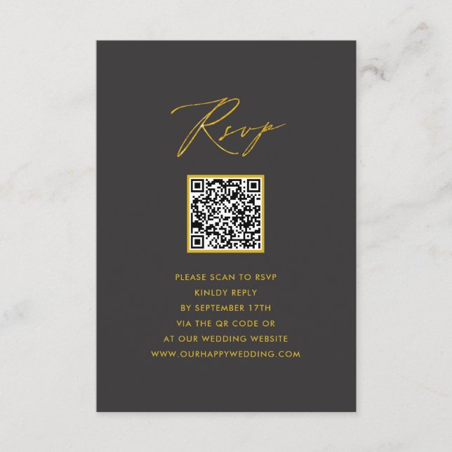 Tarjeta De Recepción Elegante guión dorado moderno Gray QR Wedding RSVP (Anverso)