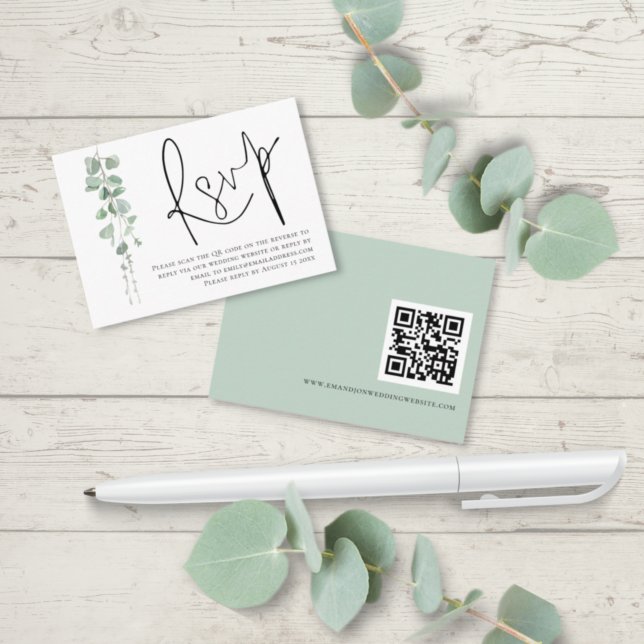 Tarjeta De Recepción Elegante guión Eucalyptus QR Boda de código RSVP (Front and back view)