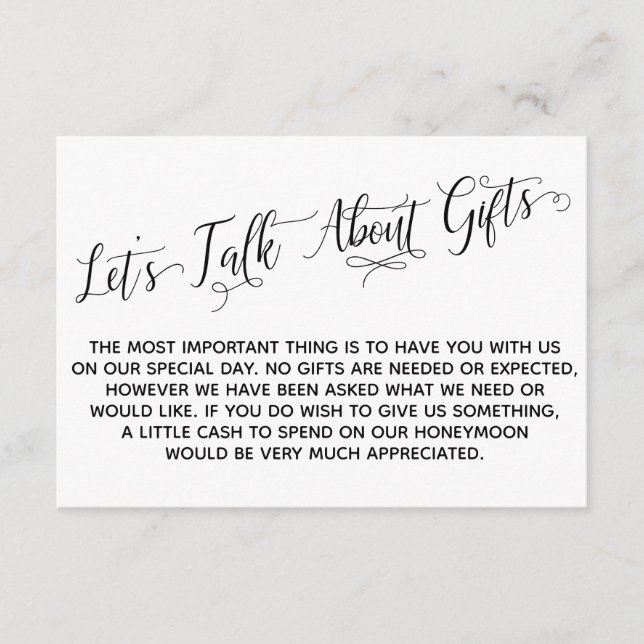 Tarjeta De Recepción Elegante guión hablemos de Boda de regalos (Anverso)