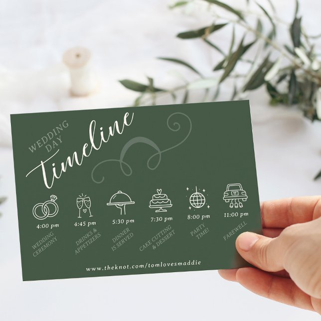 Tarjeta De Recepción Elegante guión inclinado Dark Green Boda Timeline (Elegant modern slant script  dark moss green wedding day website timeline itinerary enclosure card )