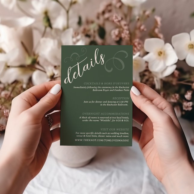 Tarjeta De Recepción Elegante guión inclinado Detalles del Boda verde o (Elegant modern slant script  dark moss green and ivory wedding details enclosure insert card )