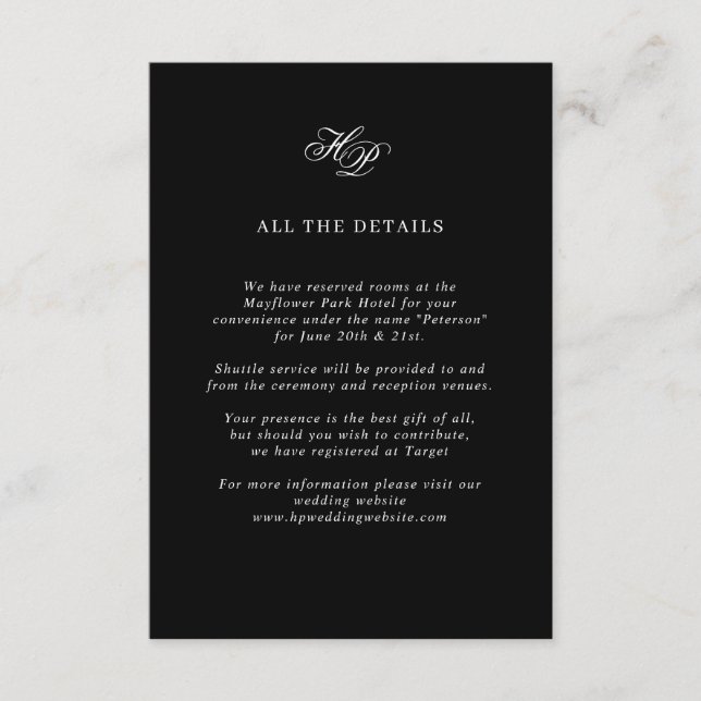 Tarjeta De Recepción Elegante guión Monograma Boda negro Detalles (Anverso)
