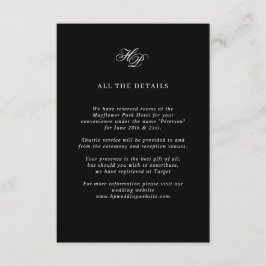 Tarjeta De Recepción Elegante guión Monograma Boda negro Detalles
