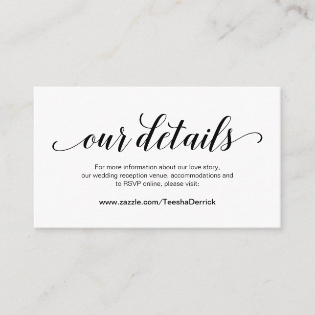 Tarjeta De Recepción Elegante guión negro, detalles Bodas, RSVP en líne (Anverso)