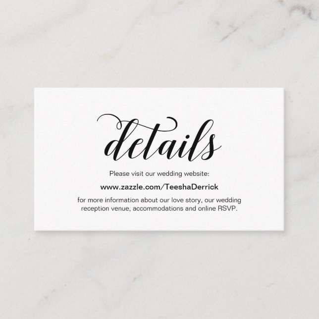 Tarjeta De Recepción Elegante guión negro, detalles del sitio web Boda (Anverso)