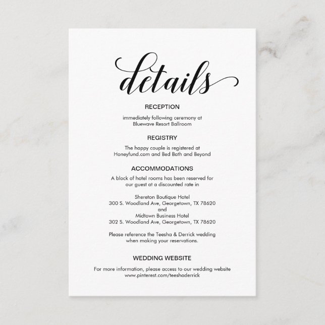 Tarjeta De Recepción Elegante guión negro, información de detalles Boda (Anverso)