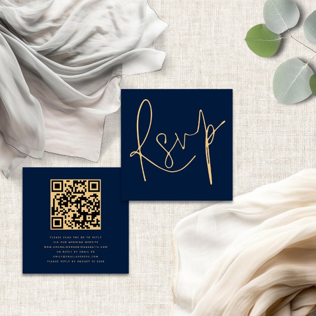 Tarjeta De Recepción Elegante guión QR Boda de oro de la Marina RSVP (Front and back view)