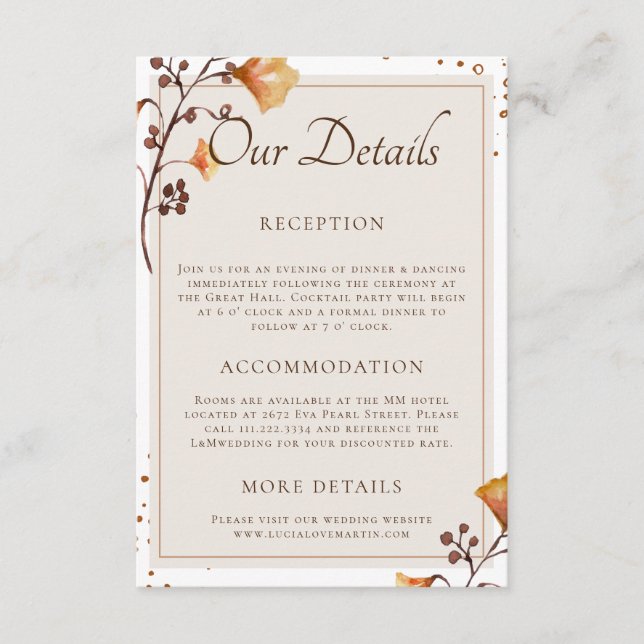 Tarjeta De Recepción Elegante Hoja de Otoño Dorada Nuestro Detalle Boda (Anverso)