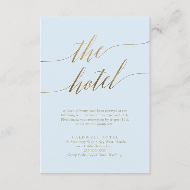 Tarjeta De Recepción Elegante Hotel Gold and Blue Calligraphy (Anverso)
