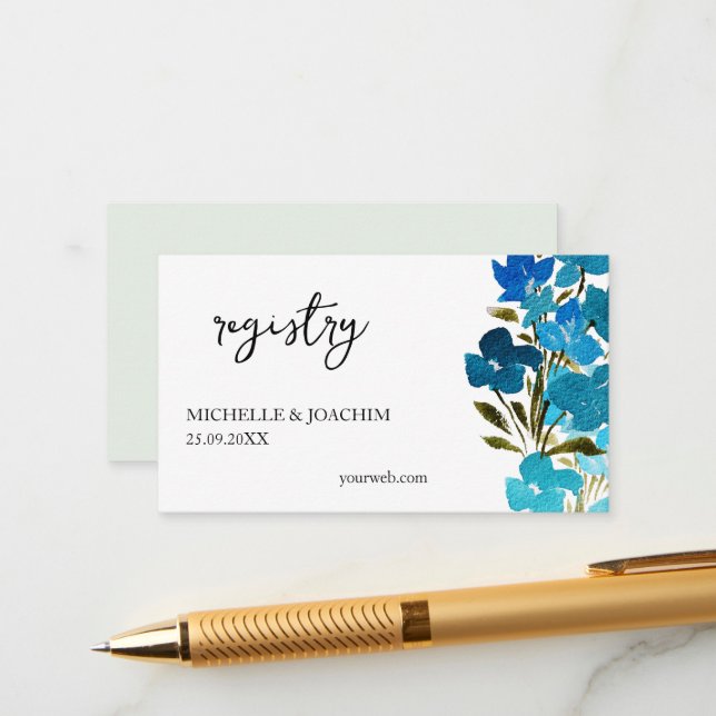 Tarjeta De Recepción Elegante Indigo Turquesa Azul Acuarela Floral (Anverso/Reverso In Situ)