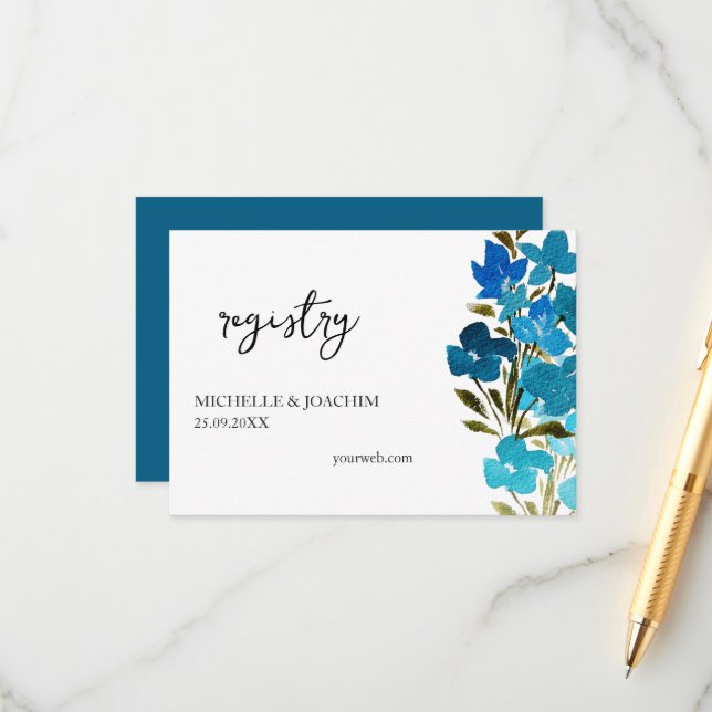 Tarjeta De Recepción Elegante Indigo Turquesa Azul Acuarela Floral (Anverso/Reverso In Situ)
