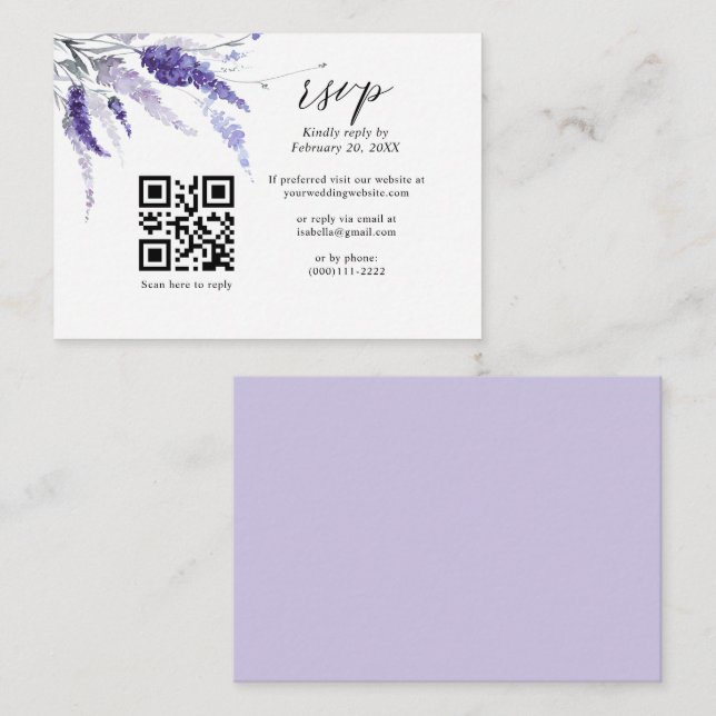 Tarjeta De Recepción Elegante Lavanda Floral Código QR Boda Lilac RSVP (Anverso / Reverso)
