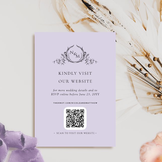 Tarjeta De Recepción Elegante Lavanda Monograma Código QR / RSVP Online (Subido por el creador)