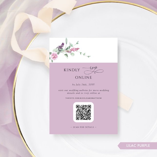 Tarjeta De Recepción Elegante Lilac Pastel Floral RSVP Online, código Q (Subido por el creador)