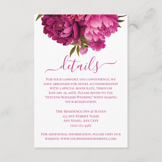 Tarjeta De Recepción Elegante Magenta Peony Boda Floral (Anverso)
