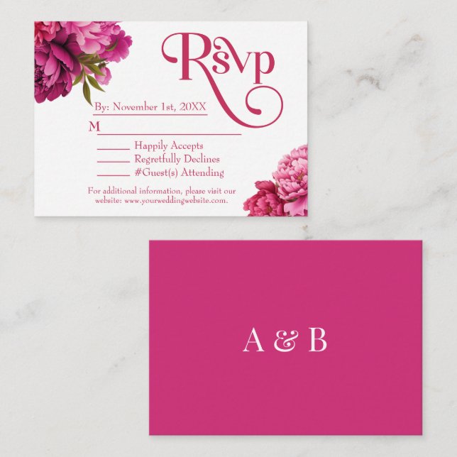 Tarjeta De Recepción Elegante Magenta Peony Floral Wedding RSVP (Anverso / Reverso)