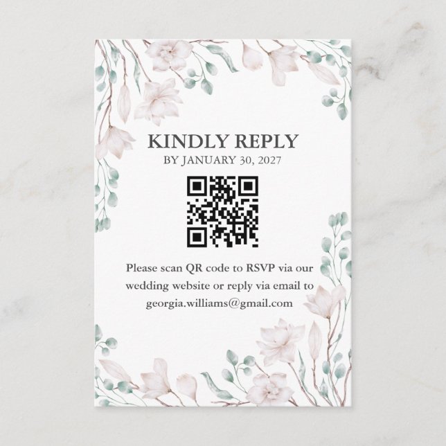 Tarjeta De Recepción Elegante Magnolia Eucalyptus Código QR Enc RSVP (Anverso)