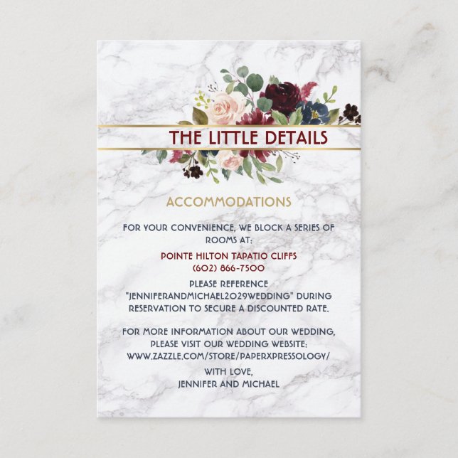 Tarjeta De Recepción Elegante Marble Burgundy Navy Bouquet dorado (Anverso)