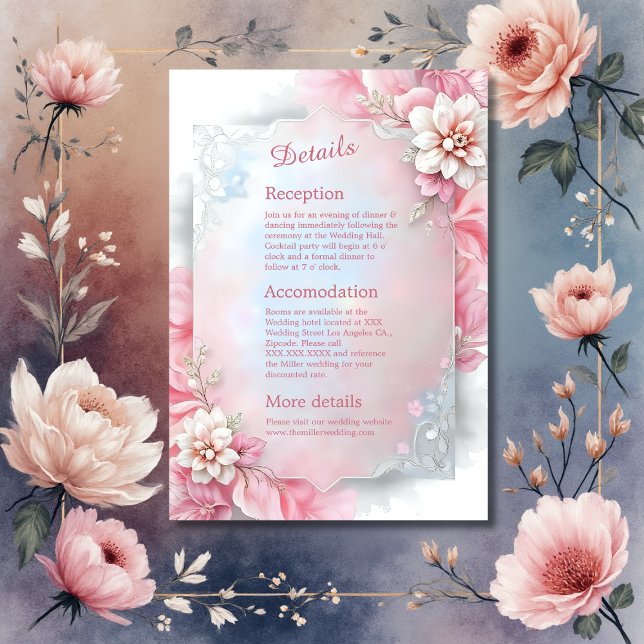 Tarjeta De Recepción Elegante Marco floral rosado boda suave paño brill (Subido por el creador)