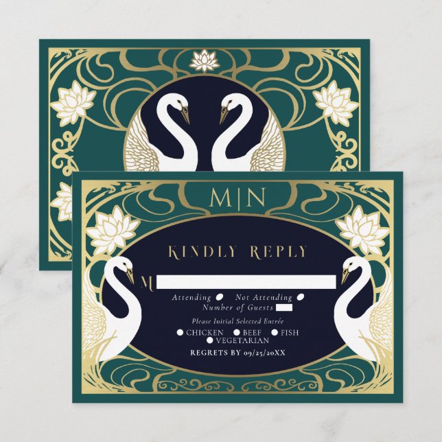 Tarjeta De Recepción Elegante matrimonio de cisnes Art Nouveau RSVP (Anverso / Reverso)