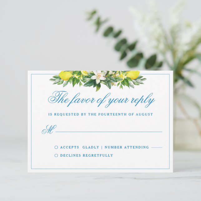 Tarjeta De Recepción Elegante matrimonio Escudo formal floral azul RSVP (Anverso de pie)