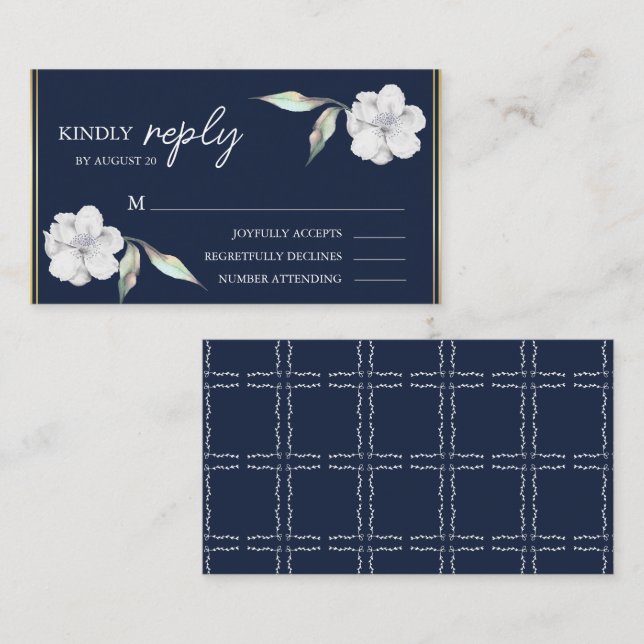 Tarjeta De Recepción Elegante matrimonio floral azul de la marina RSVP (Anverso / Reverso)