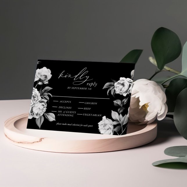 Tarjeta De Recepción Elegante matrimonio floral blanco y negro RSVP (Subido por el creador)