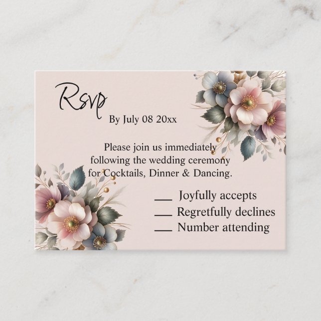 Tarjeta De Recepción Elegante matrimonio floral rosa, azul y crema Rsvp (Anverso)