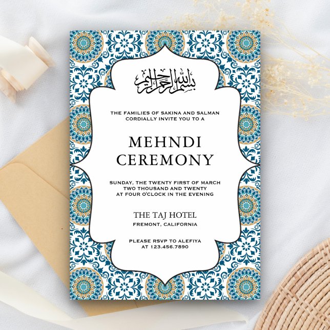 Tarjeta De Recepción Elegante Mehndi musulmán musulmán persa azul (Subido por el creador)