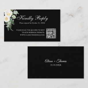 Tarjeta De Recepción Elegante Minimalista Floral Negro Boda RSVP QR