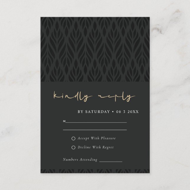 TARJETA DE RECEPCIÓN ELEGANTE MODERNO ART DECO ORO NEGRO BODA RSVP (Anverso)