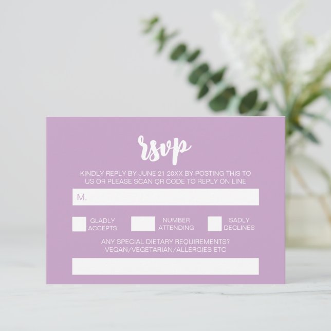 Tarjeta De Recepción Elegante moderno Boda Lilac simple Código QR RSVP (Anverso de pie)