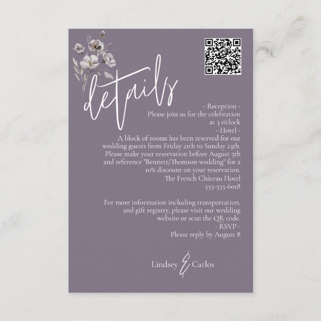 Tarjeta De Recepción Elegante moderno boda morado oscuro detalles QR có (Anverso)