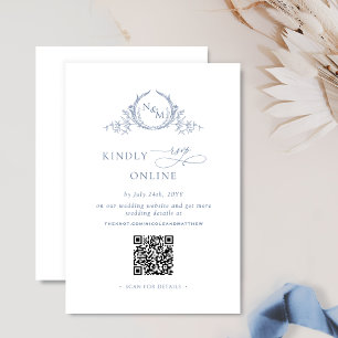 Tarjeta De Recepción Elegante Monograma Dusty Azul QR Boda de código RS