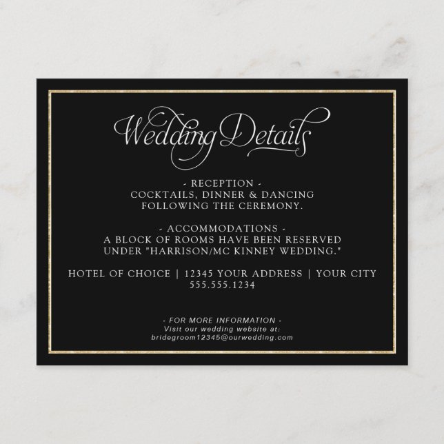 Tarjeta De Recepción Elegante Monograma Guión Dorado Boda Negro Detalle (Anverso)